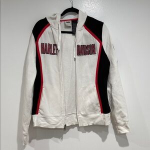 Harley-Davidson Women's Black and White hooded zip-up Jacket with Red Trim